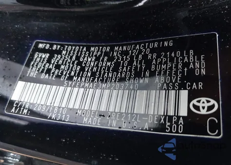 2021 Toyota Corolla Le из США, поврежденный, VIN 5YFEPMAE3MP203740